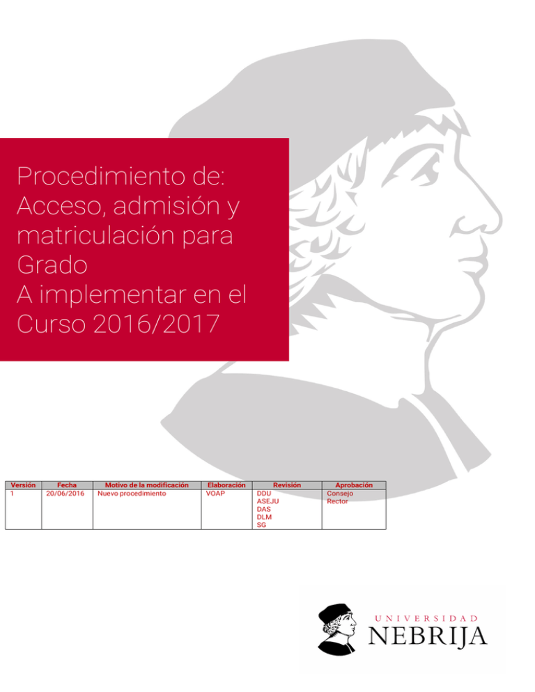 Procedimiento De: Acceso, Admisión Y Matriculación Para Grado A