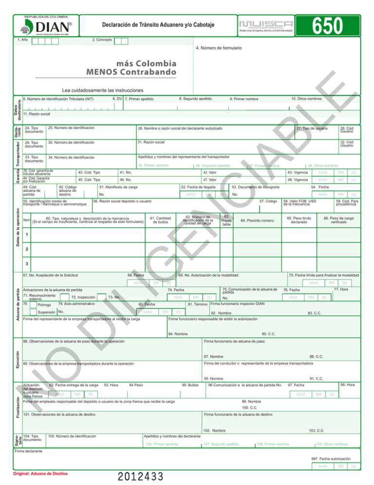 Declaración De Tránsito Aduanero Yo Cabotaje 2779