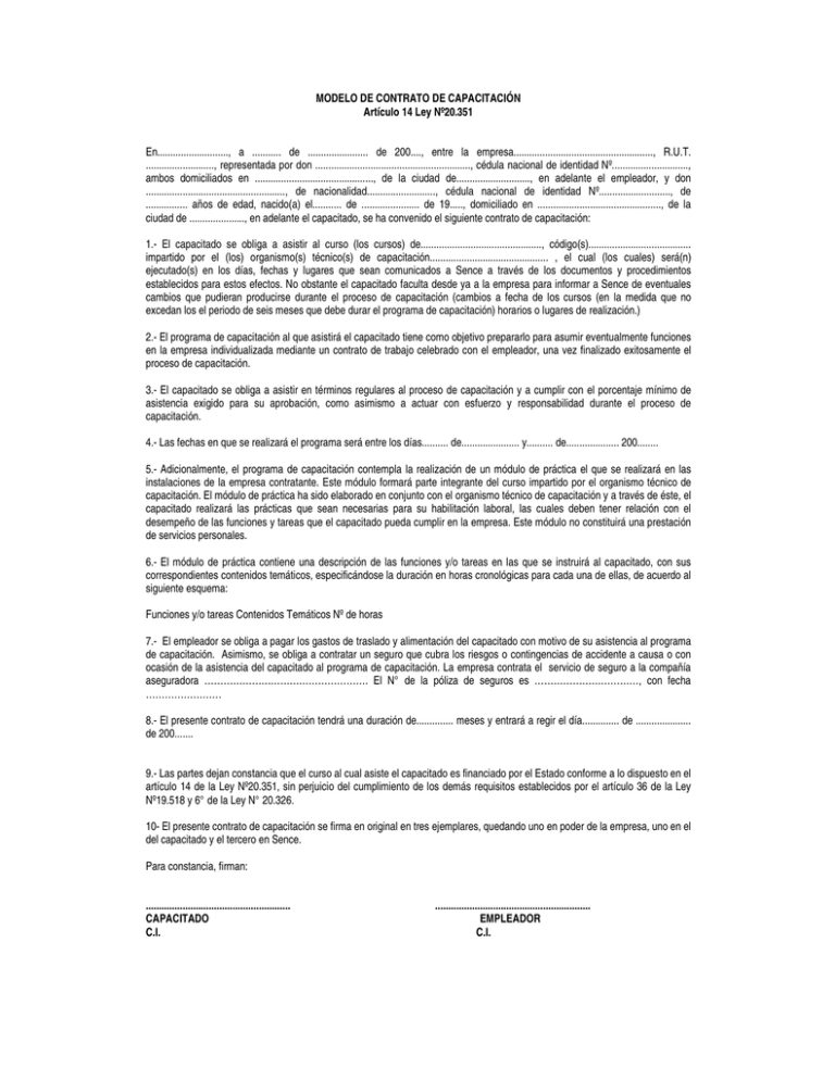 MODELO DE CONTRATO DE CAPACITACIÓN Artículo