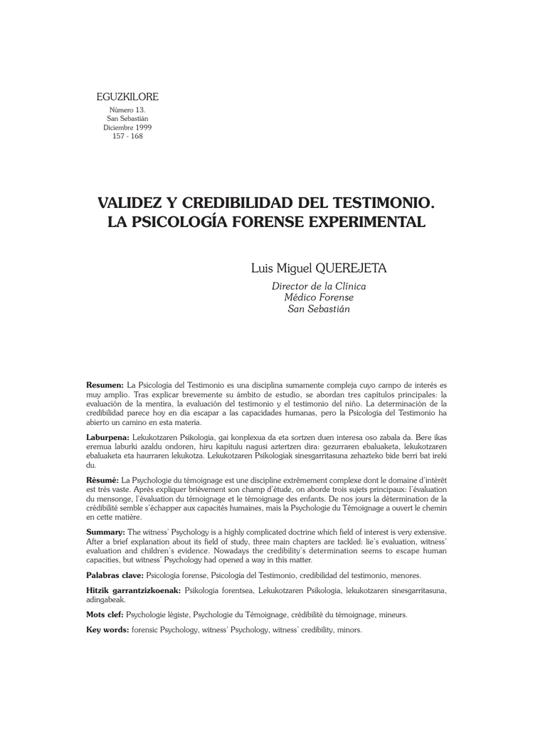 VALIDEZ Y CREDIBILIDAD DEL TESTIMONIO. LA PSICOLOGÍA