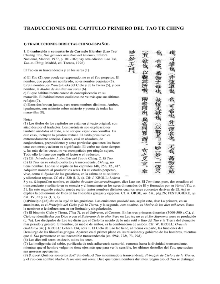 TRADUCCIONES DEL CAPITULO PRIMERO DEL TAO TE CHING