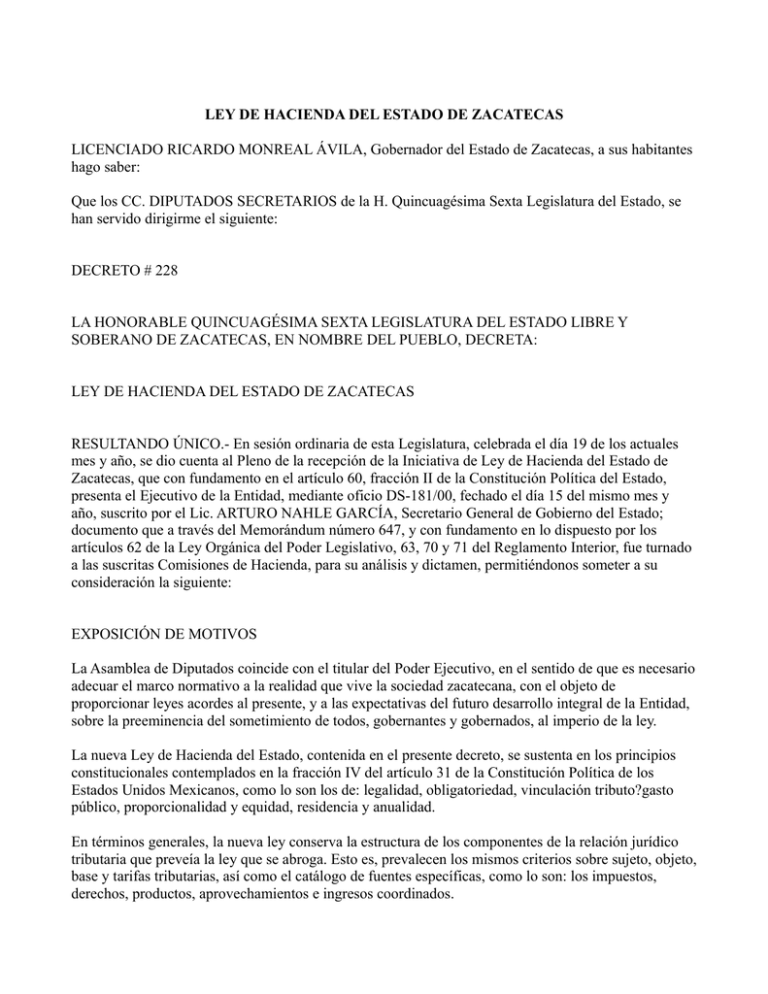 Ley de Hacienda del Estado de Zacatecas Ley de Hacienda del Estado de Zacatecas