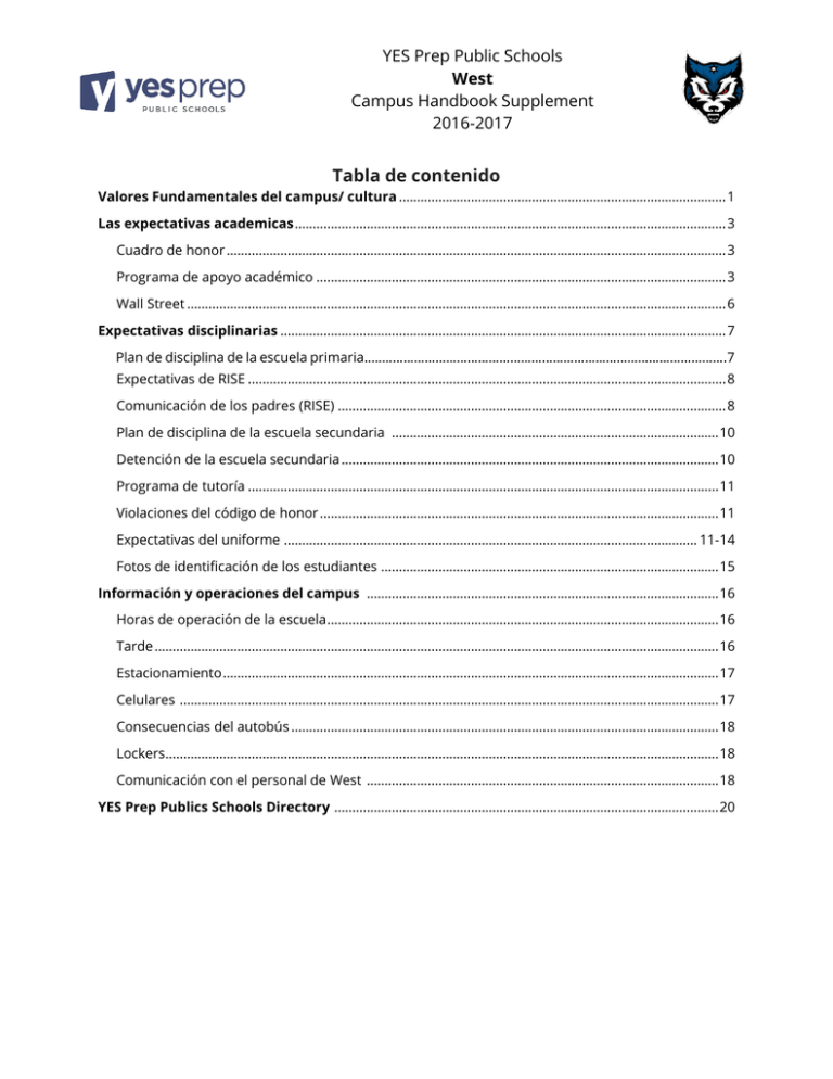 Tabla De Contenido YES Prep Public Schools