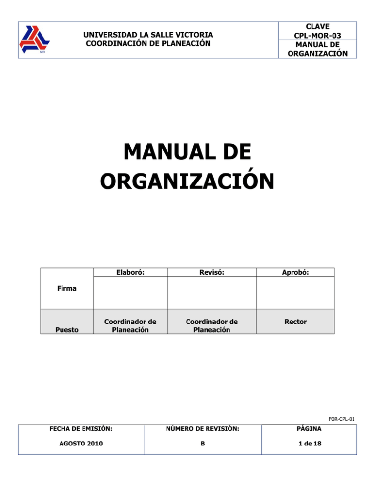 Manual De Organización - Universidad La Salle Victoria