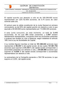 QUÓRUM DE CONSTITUCIÓN DEFINITIVO El capital suscrito con