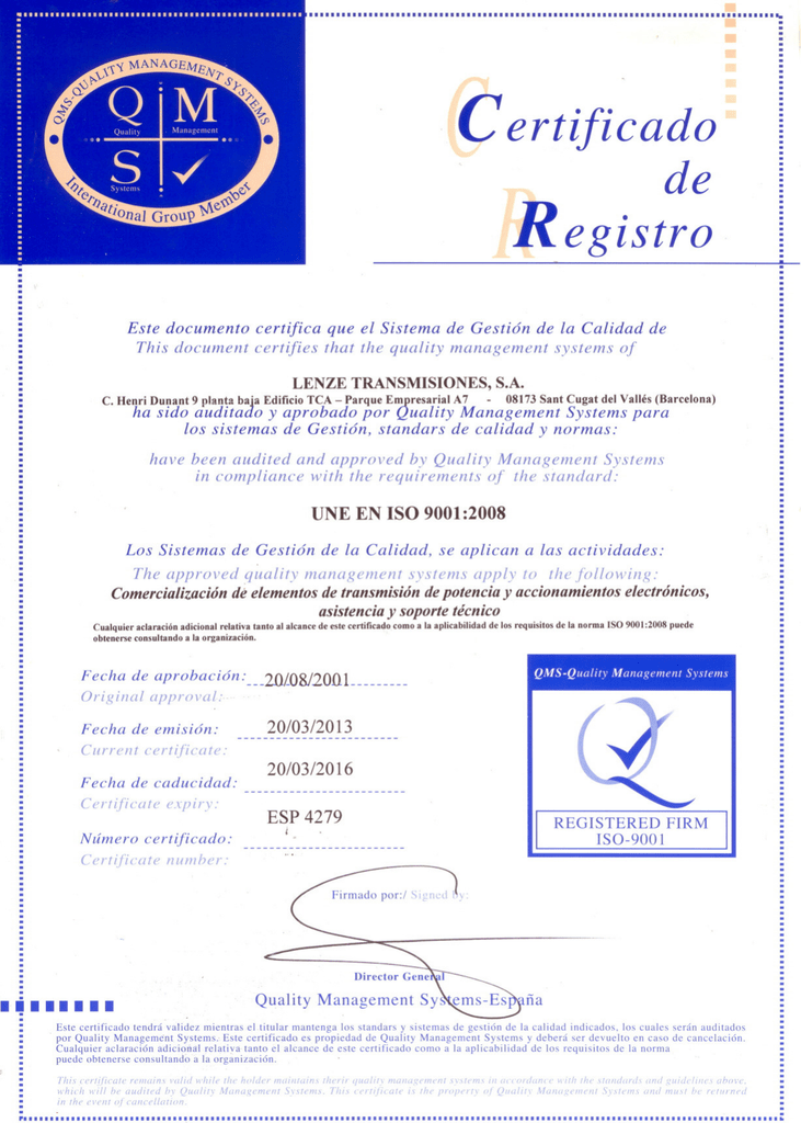Certificado Gestión De La Calidad Iso 9001 2000 Quality