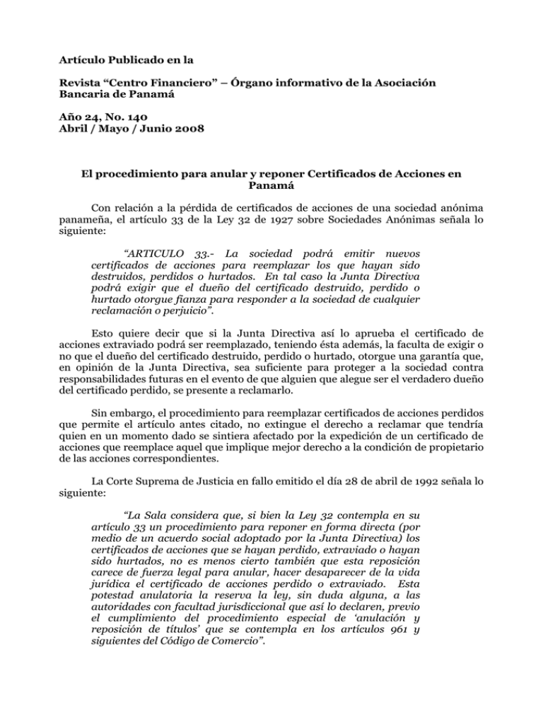 El procedimiento para anular y reponer certificados de acciones en