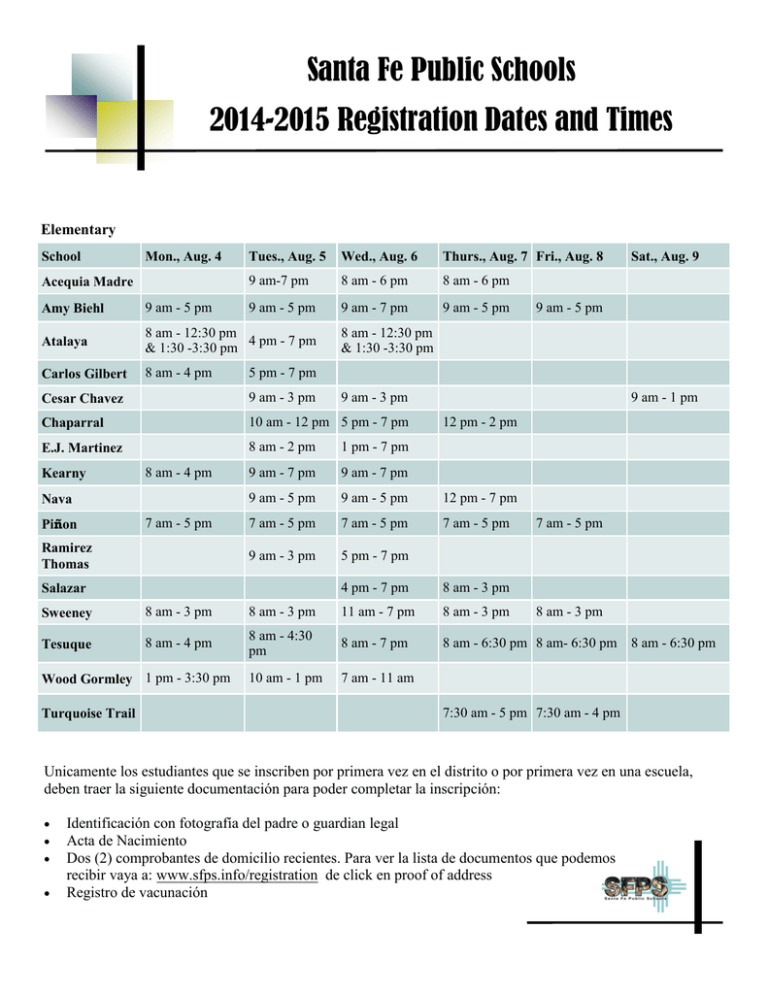 Santa Fe Public Schools 2014 2015 Registration Dates And Times