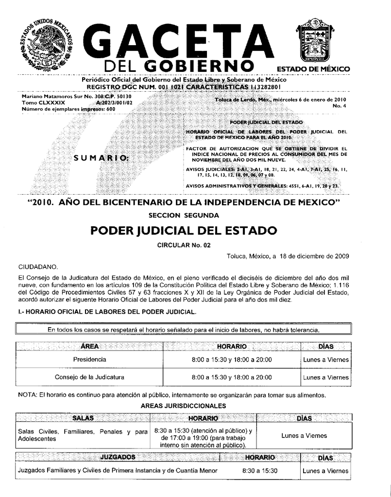 Horario Oficial Del Poder Judicial Del Estado De México