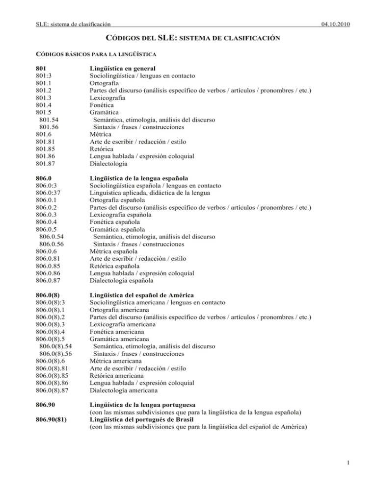 Códigos Del SLE: Sistema De Clasificación