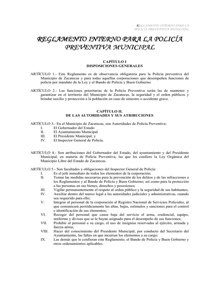 Reglamento Interno Policía Preventiva Mpal