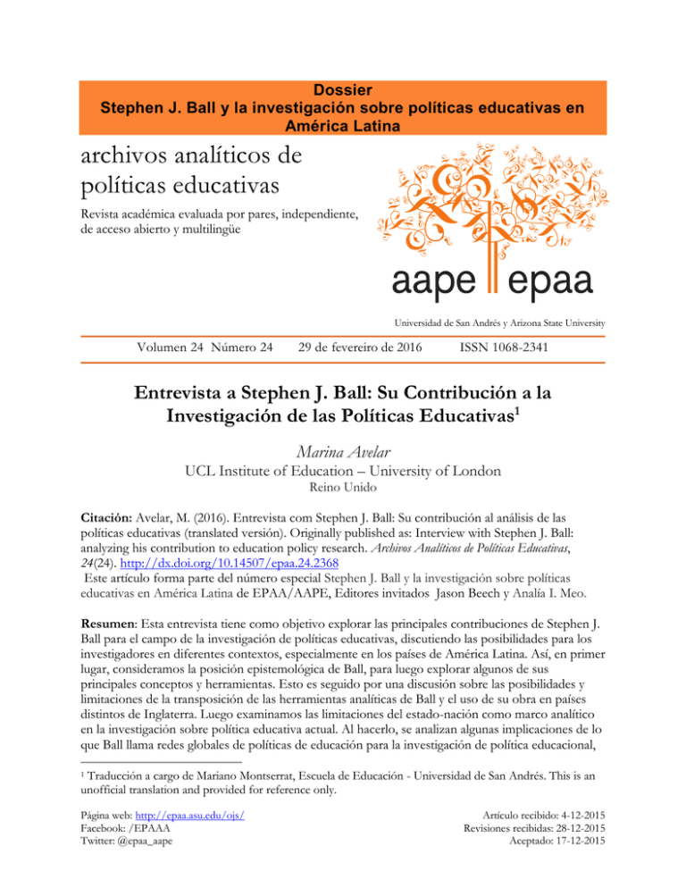 Entrevista A Stephen J. Ball - Education Policy Analysis Archives