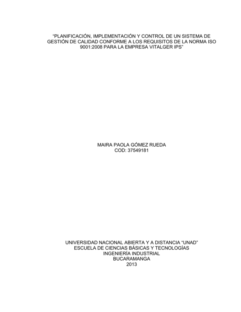 Planificación, Implementación Y Control De Un Sistema De Gestión De