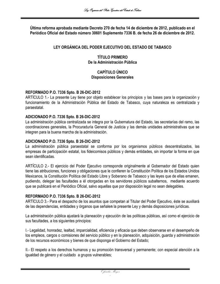 Ley Org Nica Del Poder Ejecutivo Del Estado De Tabasco