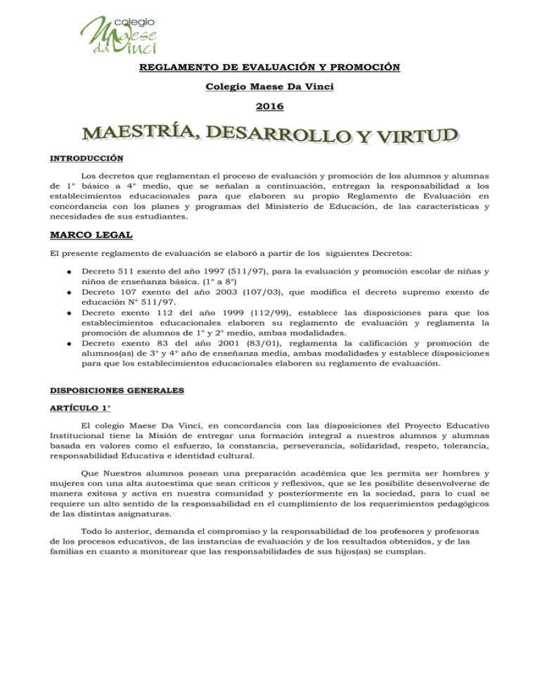 REGLAMENTO DE EVALUACIÓN Y PROMOCIÓN Colegio Maese