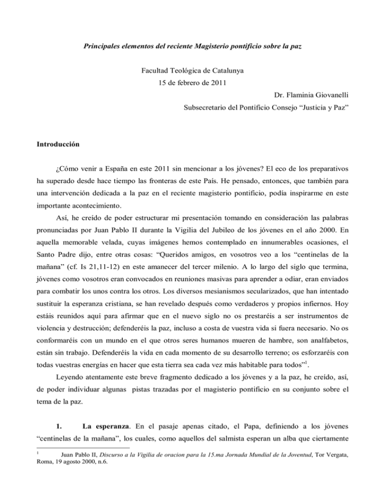 Principales Elementos Del Reciente Magisterio Pontificio Sobre La Paz