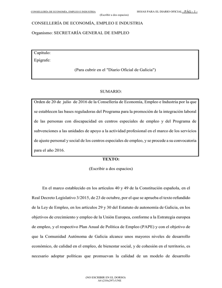 CONSELLERIA DE FAMILIA E PROMOCIÓN DO EMPREGO CONSELLERIA DE FAMILIA E PROMOCIÓN DO EMPREGO