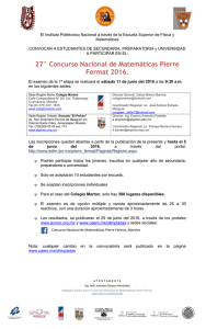 27° Concurso Nacional de Matemáticas Pierre Fermat 2016.