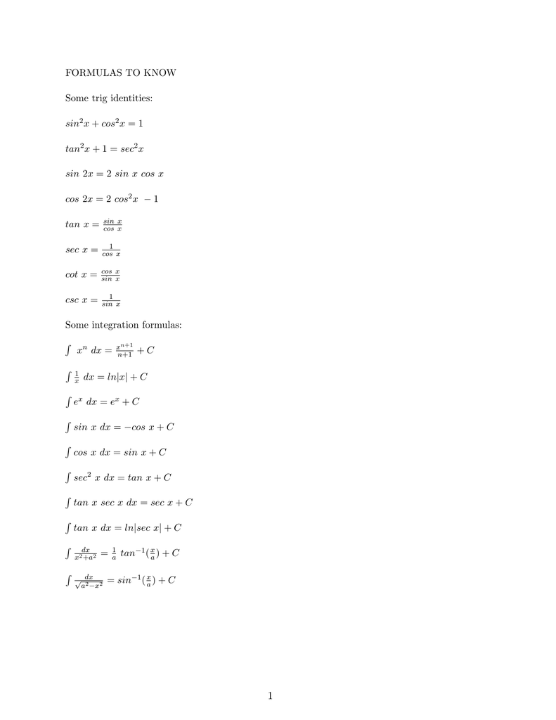 Formulas To Know Some Trig Identities Sin2x Cos 2x 1 Tan2x