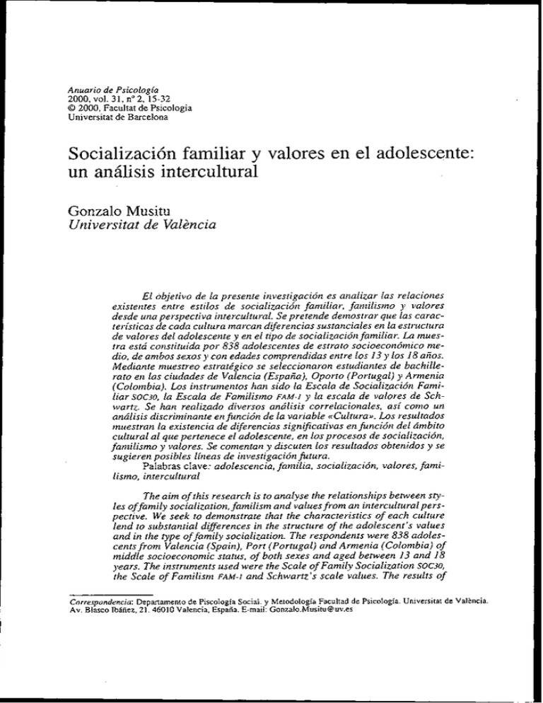 Socialización Familiar Y Valores En El Adolescente