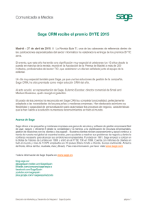 Comunicado a Medios Sage CRM recibe el premio BYTE 2015