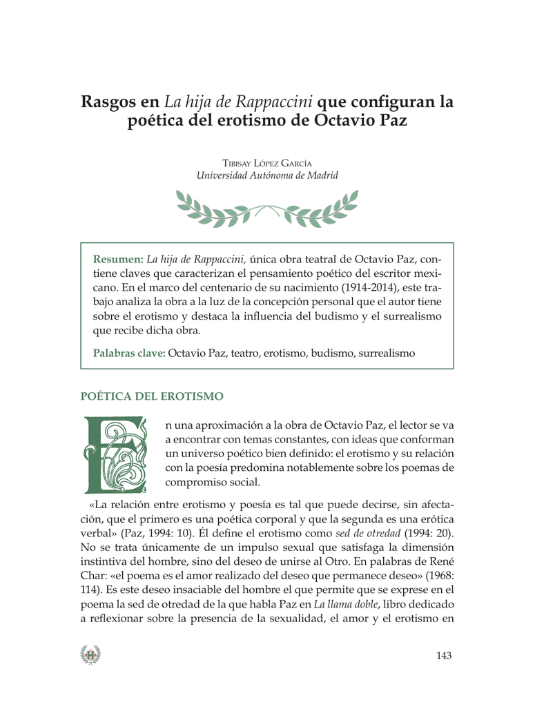Rasgos En La Hija De Rappaccini Que Configuran La Poetica Del
