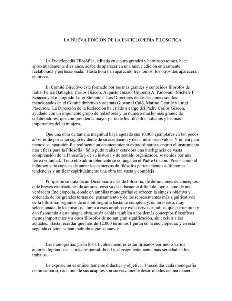 LA NUEVA EDICION DE LA ENCICLOPEDIA FILOSOFICA