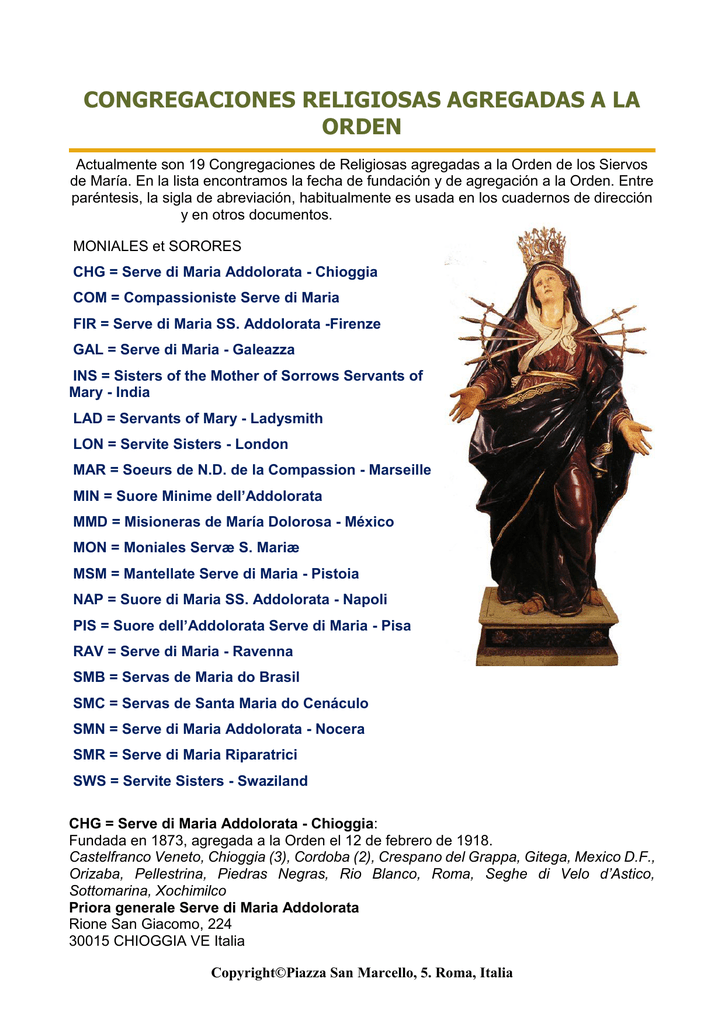 19 Congregaciones Religiosas agregadas a la Orden 19 Congregaciones Religiosas agregadas a la Orden