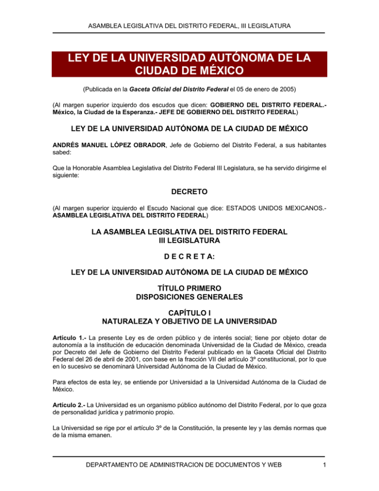 LEY DE LA UNIVERSIDAD AUTÓNOMA DE LA CIUDAD DE MÉXICO