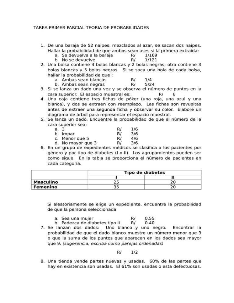 TAREA PRIMER PARCIAL TEORIA DE PROBABILIDADES 1. De