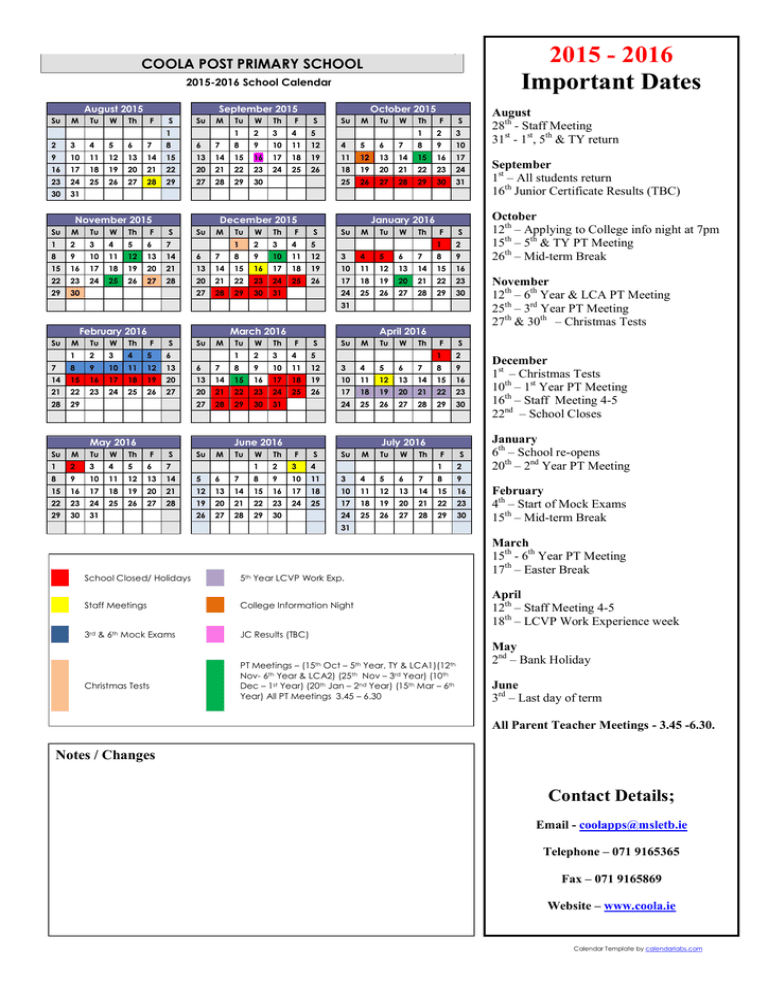 Coola PPS Calendar 201516 Coola Post Primary School
