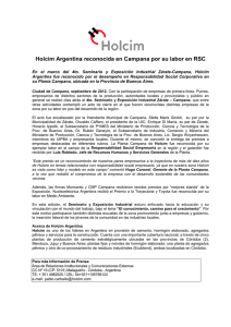 Holcim Argentina reconocida en Campana por su labor en RSC