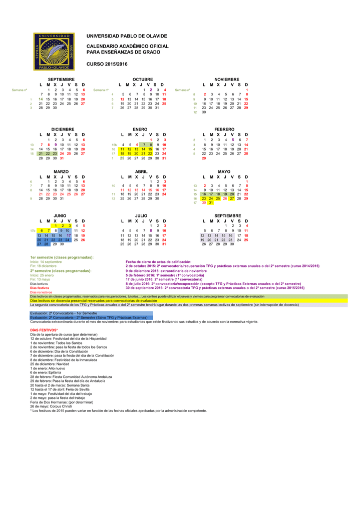 Calendario - Universidad Pablo de Olavide, de Sevilla