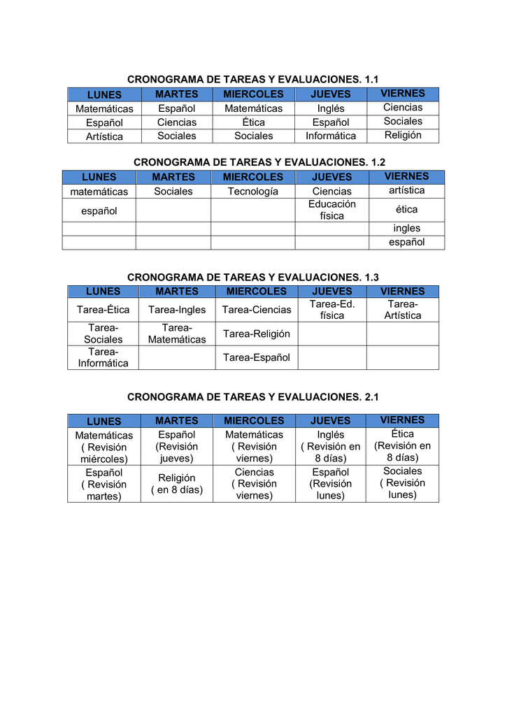 Cronograma De Tareas Primaria