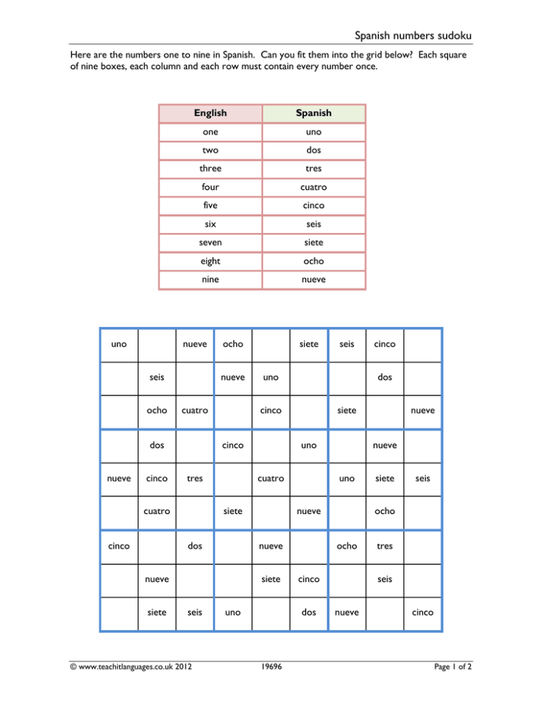 Spanish Numbers Sudoku