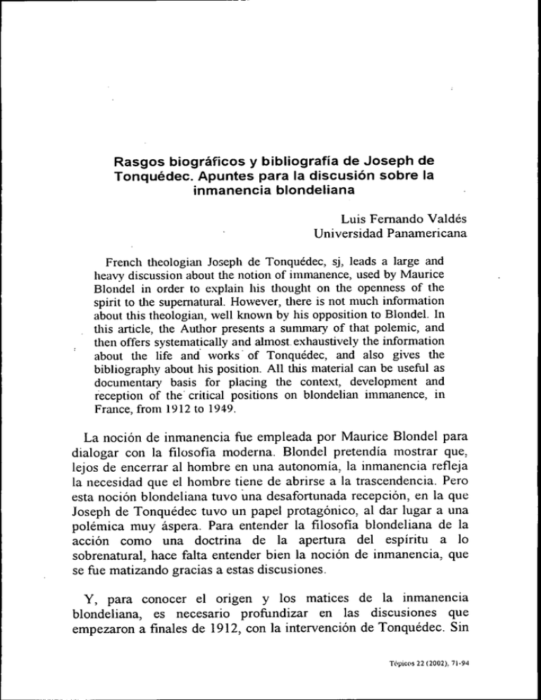 Rasgos Biograficos Y Bibliografia De Joseph De Tonquedec. Apuntes