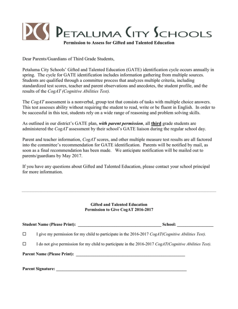 Permission To Assess For Gifted And Talented Education Dear Permission To Assess For Gifted And Talented Education Dear