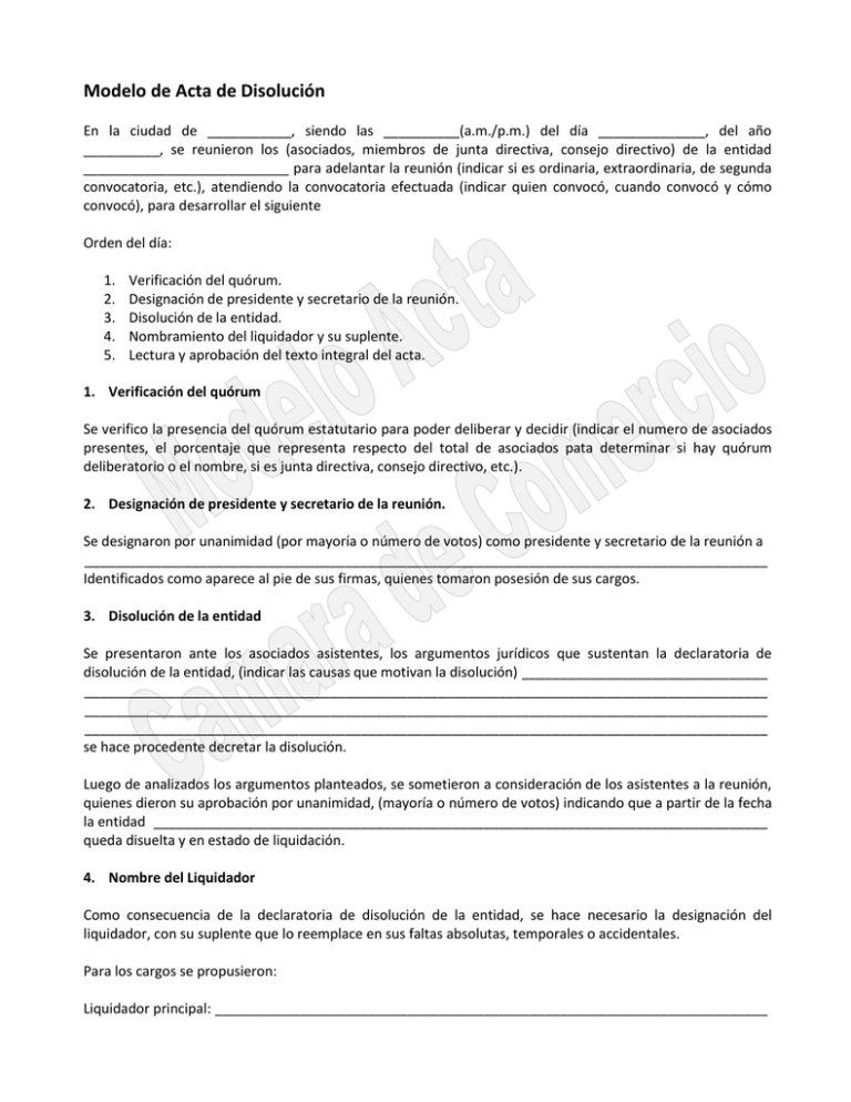 Modelo De Acta De Disolución Cámara De Comercio De Cúcuta
