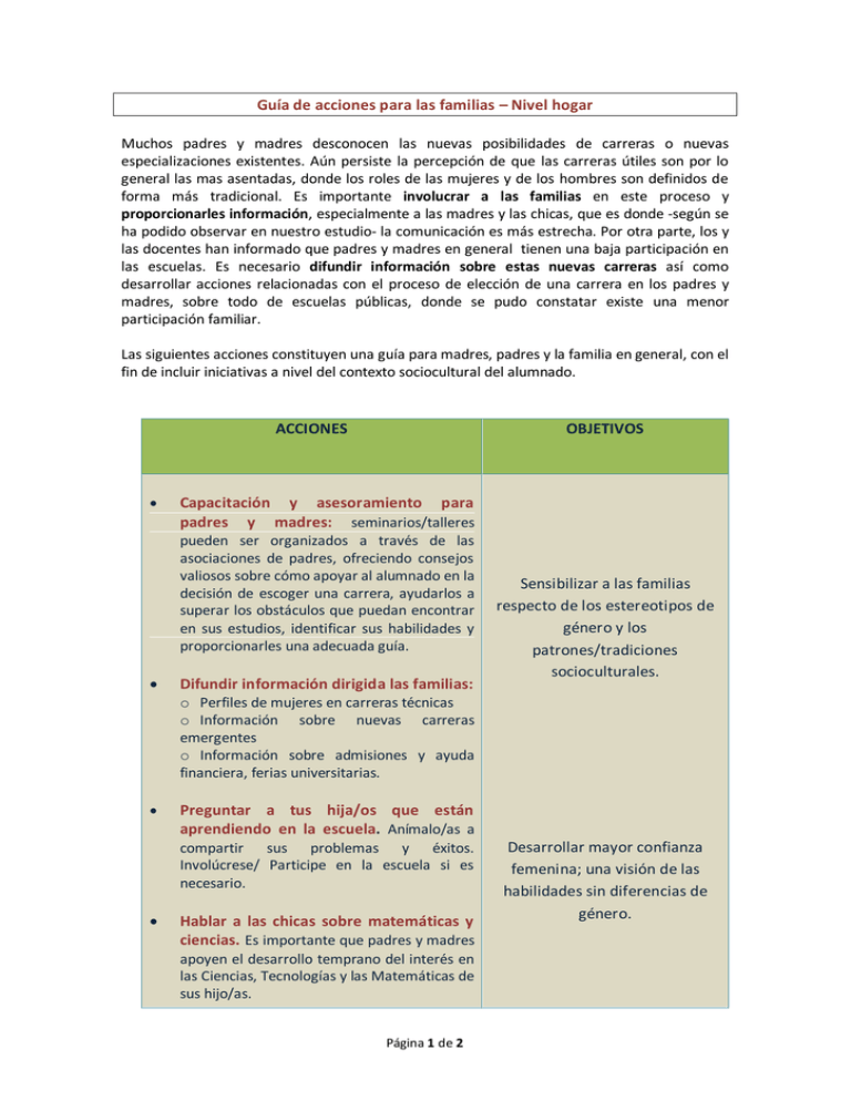 Gu a De Acciones Para Las Familias Nivel Hogar ACCIONES