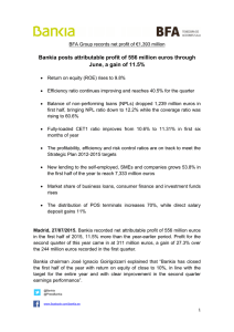 Bankia posts attributable profit of 556 million euros through June, a