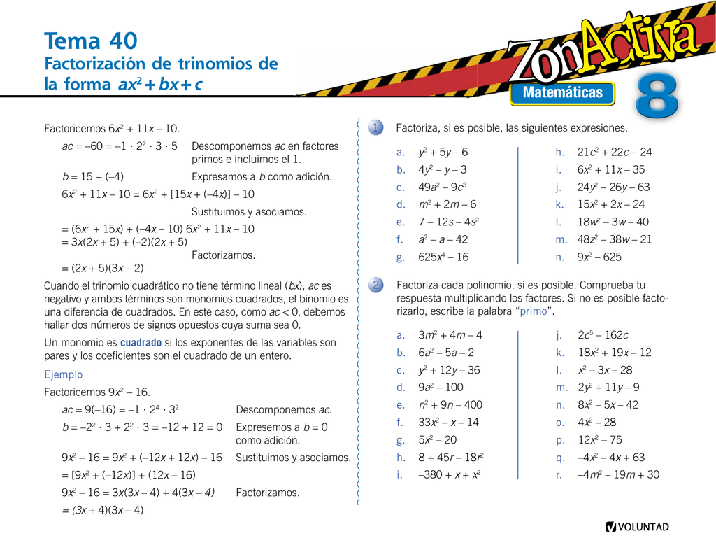 Tema 40 Factorizacion De Trinomios De La Forma Ax2 Bx C