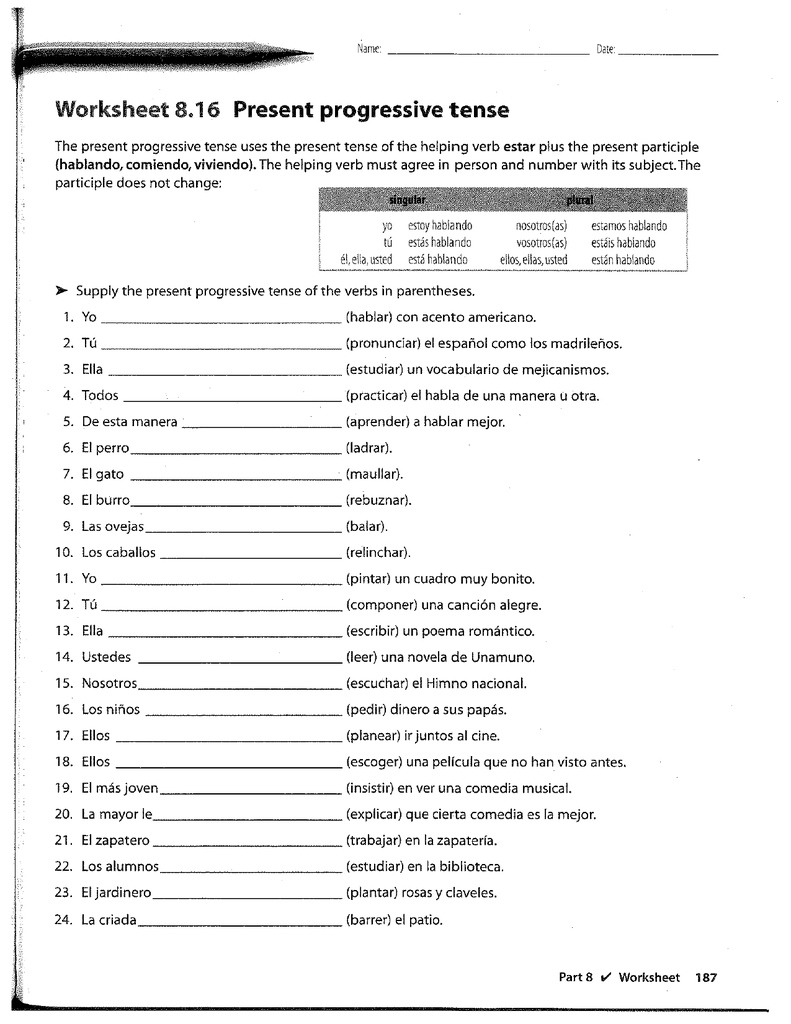 Page 1 Name • Jâte Worksheet 8 16 Present progressive tense The