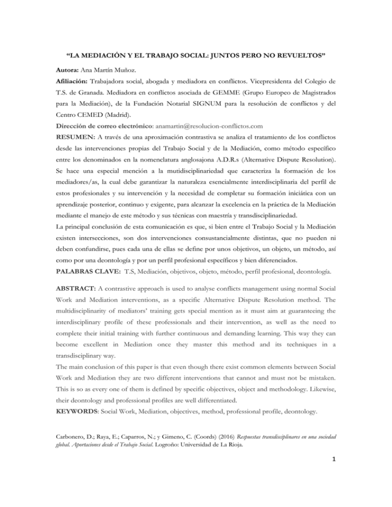 La Mediación Y El Trabajo Social: Juntos Pero No Revueltos