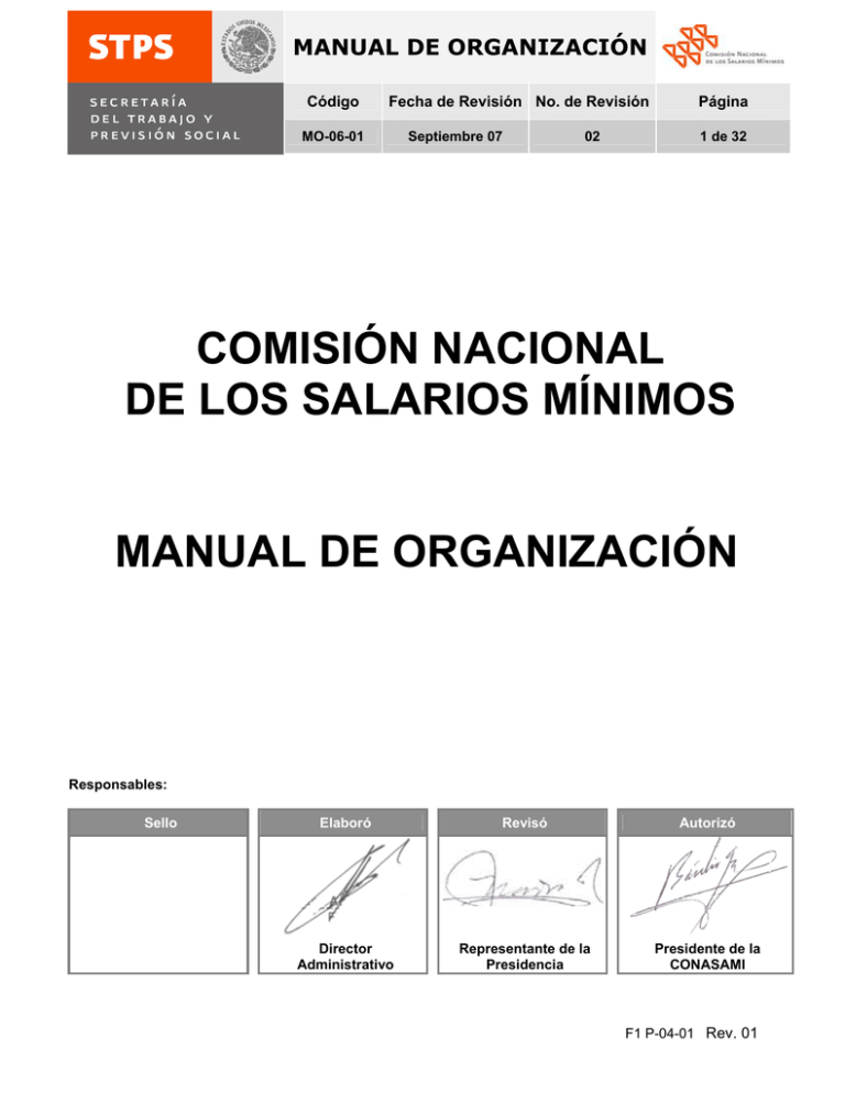Manual de Organización Comisión Nacional de los Salarios Mínimos Manual de Organización Comisión Nacional de los Salarios Mínimos