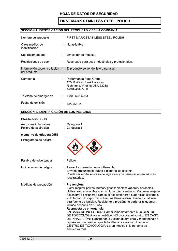 hoja de datos de seguridad first mark stainless steel polish