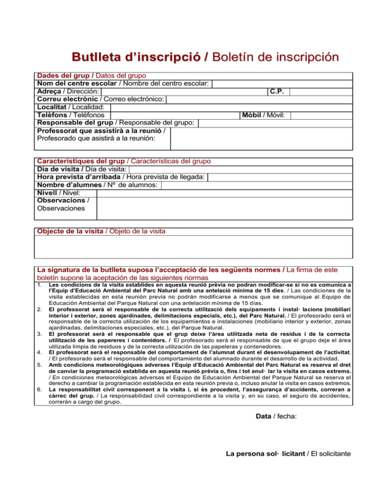 Butlleta D inscripci Bolet n De Inscripci n Butlleta D inscripci Bolet n De Inscripci n
