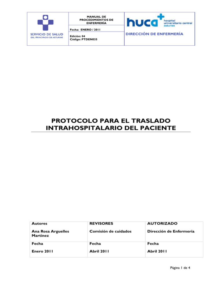 Protocolo Para El Traslado Intrahospitalario Del Paciente