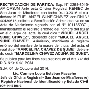 RECTIFICACION DE PARTIDA: Exp. N° 2399-2016