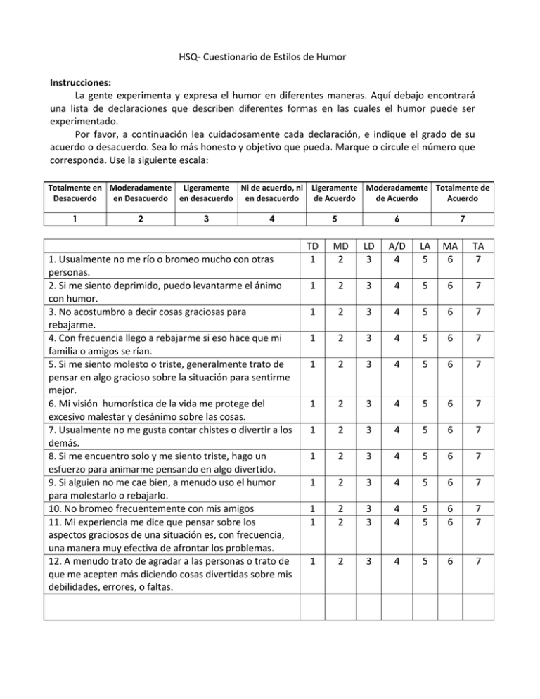 HSQ Cuestionario de Estilos de Humor Instrucciones La gente