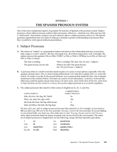 THE SPANISH PRONOUN SYSTEM I. Subject Pronouns